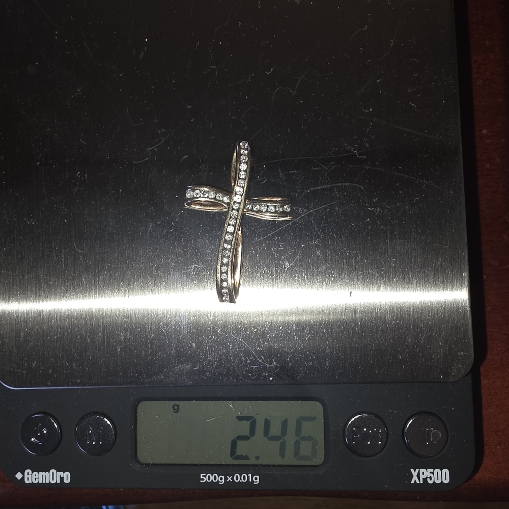 14K Yellow Gold Diamond Cross Pendant 30mm x 20mm Curved Design 2.46 Grams - Picture 4 of 5